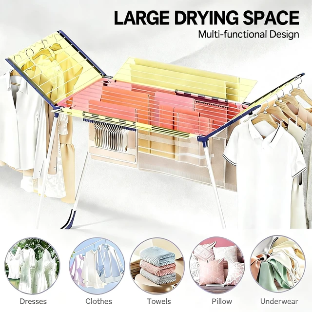 Alt view image 3 of 7 - Clothes Drying Rack, Drying Rack Large Space with 4 Wings | Foldable Design, 5 Drying Spaces, Spacious Design with 4 Frame Supports, Folds Flat for Storage, Rust-resistant Coating