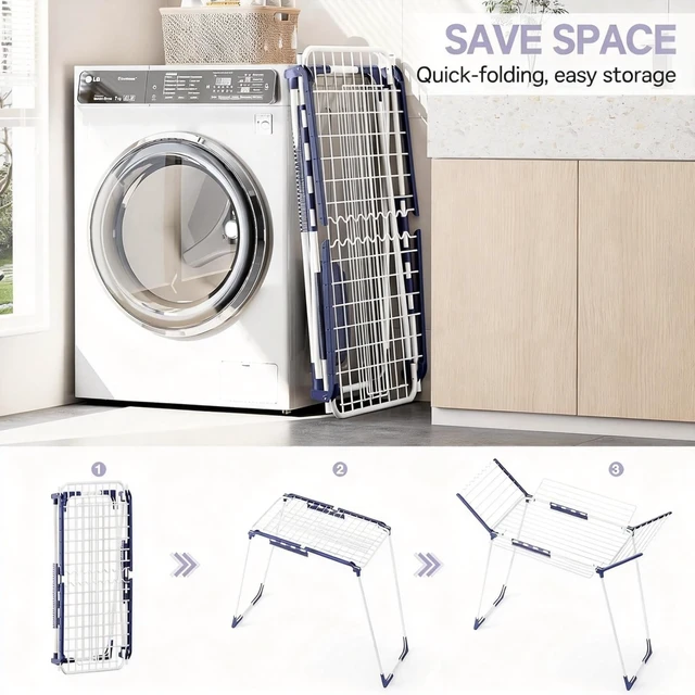 Alt view image 6 of 7 - Clothes Drying Rack, Drying Rack Large Space with 4 Wings | Foldable Design, 5 Drying Spaces, Spacious Design with 4 Frame Supports, Folds Flat for Storage, Rust-resistant Coating