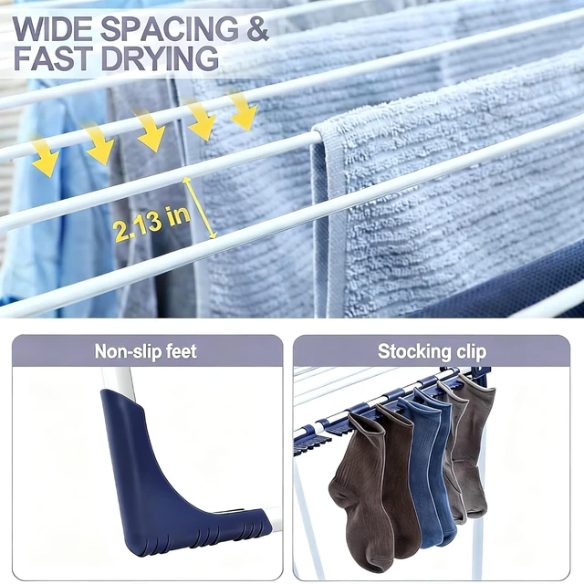 Alt view image 4 of 7 - Clothes Drying Rack, Drying Rack Large Space with 4 Wings | Foldable Design, 5 Drying Spaces, Spacious Design with 4 Frame Supports, Folds Flat for Storage, Rust-resistant Coating