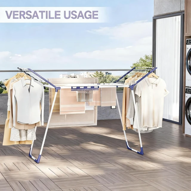 Alt view image 7 of 7 - Clothes Drying Rack, Drying Rack Large Space with 4 Wings | Foldable Design, 5 Drying Spaces, Spacious Design with 4 Frame Supports, Folds Flat for Storage, Rust-resistant Coating