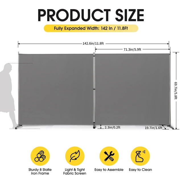 Alt view image 2 of 7 - Indoor Room Divider, Portable Office Divider, Room Divider Wall Screen 2 Large Panel, Folding Partition Privacy Screen Walls Dividers for Room Separator 142" W x 71" H,Gray