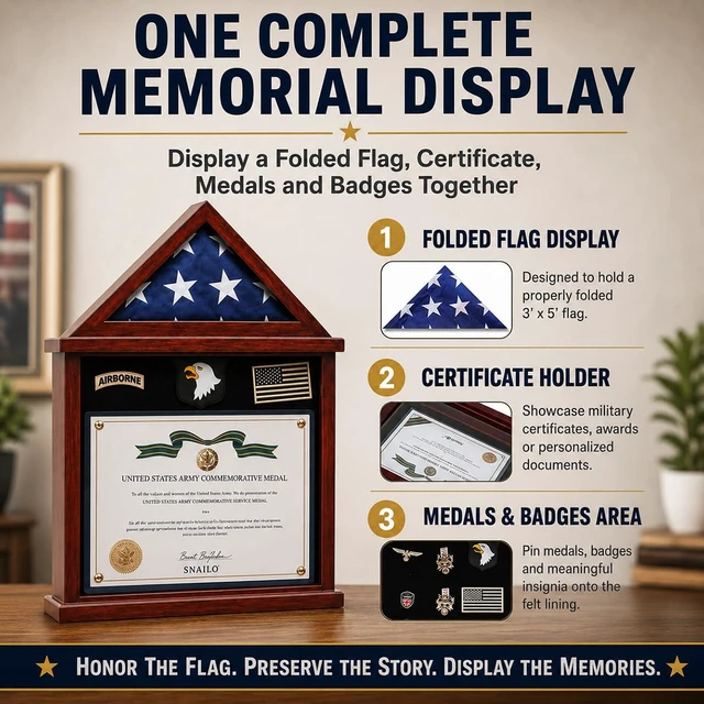 Alt view image 2 of 7 - Flag Display Case Military Shadow Box for a Folded Army 3'x5' Flag | Solid Wood Military Frame Displaying Navy Air Force Veterans Home Flown Flag & Certificate, Badges & Medals, Mahogany Finish.