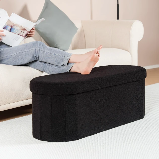 Alt view image 6 of 7 - 43.3" Sherpa Ottoman with Storage for Living Room, Black | Folding Storage Ottoman Foot Rest, Oval-Shaped Design, Long Collapsible Bedroom Bench