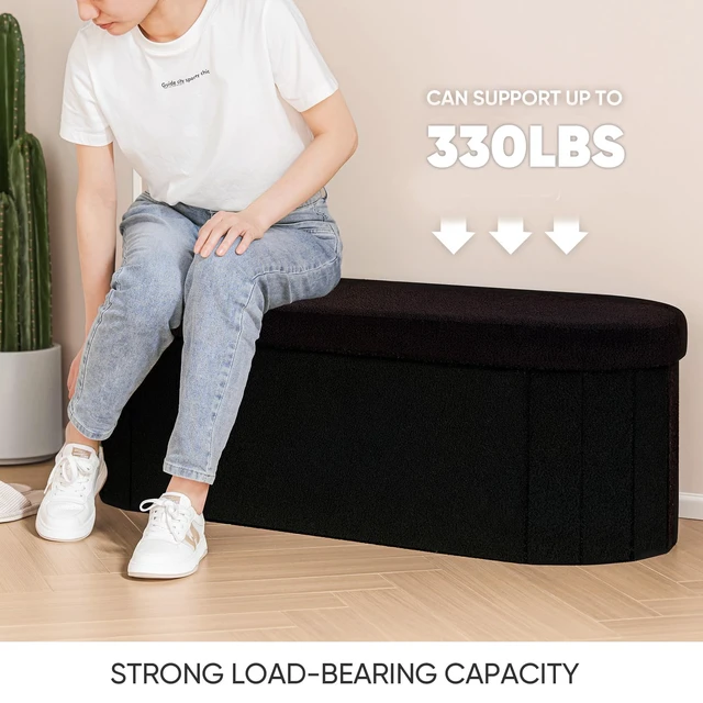Alt view image 5 of 7 - 43.3" Sherpa Ottoman with Storage for Living Room, Black | Folding Storage Ottoman Foot Rest, Oval-Shaped Design, Long Collapsible Bedroom Bench