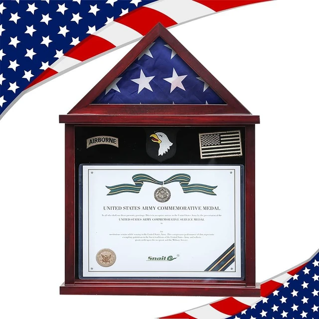 Main image of Flag Display Case Military Shadow Box for a Folded Army 3'x5' Flag | Solid Wood Military Frame Displaying Navy Air Force Veterans Home Flown Flag & Certificate, Badges & Medals, Mahogany Finish.