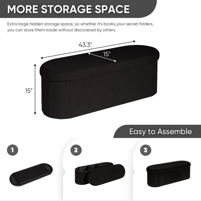 Alt view image 3 of 7 - 43.3" Sherpa Ottoman with Storage for Living Room, Black | Folding Storage Ottoman Foot Rest, Oval-Shaped Design, Long Collapsible Bedroom Bench