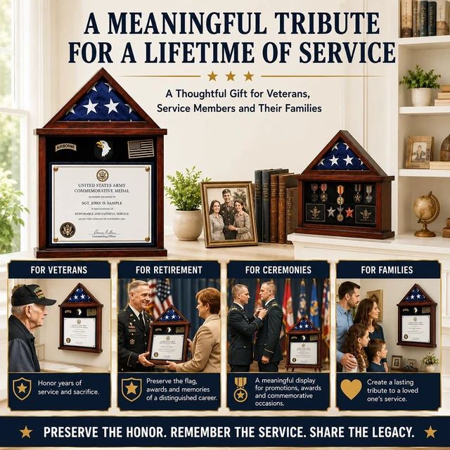 Alt view image 7 of 7 - Flag Display Case Military Shadow Box for a Folded Army 3'x5' Flag | Solid Wood Military Frame Displaying Navy Air Force Veterans Home Flown Flag & Certificate, Badges & Medals, Mahogany Finish.