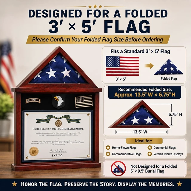 Alt view image 4 of 7 - Flag Display Case Military Shadow Box for a Folded Army 3'x5' Flag | Solid Wood Military Frame Displaying Navy Air Force Veterans Home Flown Flag & Certificate, Badges & Medals, Mahogany Finish.