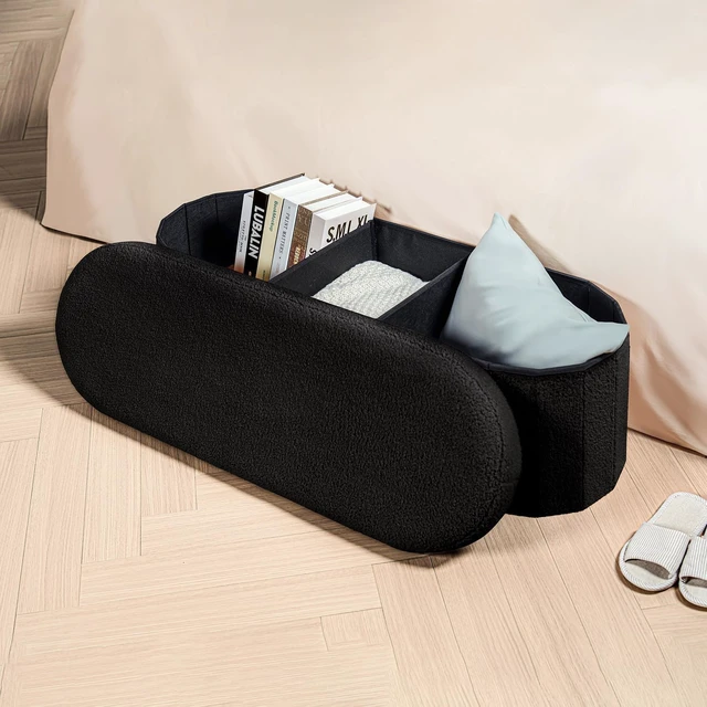 Alt view image 4 of 7 - 43.3" Sherpa Ottoman with Storage for Living Room, Black | Folding Storage Ottoman Foot Rest, Oval-Shaped Design, Long Collapsible Bedroom Bench