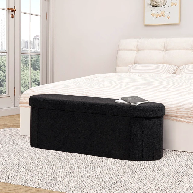 Alt view image 7 of 7 - 43.3" Sherpa Ottoman with Storage for Living Room, Black | Folding Storage Ottoman Foot Rest, Oval-Shaped Design, Long Collapsible Bedroom Bench