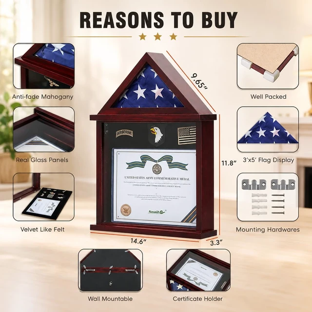 Alt view image 5 of 7 - Flag Display Case Military Shadow Box for a Folded Army 3'x5' Flag | Solid Wood Military Frame Displaying Navy Air Force Veterans Home Flown Flag & Certificate, Badges & Medals, Mahogany Finish.