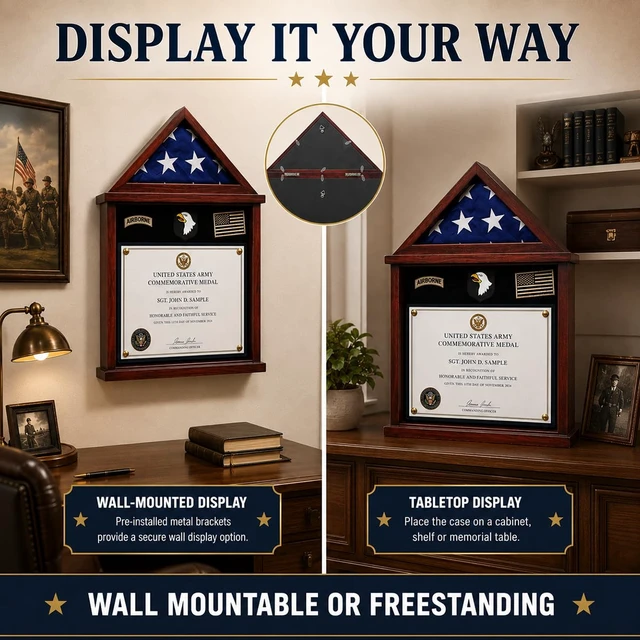 Alt view image 6 of 7 - Flag Display Case Military Shadow Box for a Folded Army 3'x5' Flag | Solid Wood Military Frame Displaying Navy Air Force Veterans Home Flown Flag & Certificate, Badges & Medals, Mahogany Finish.