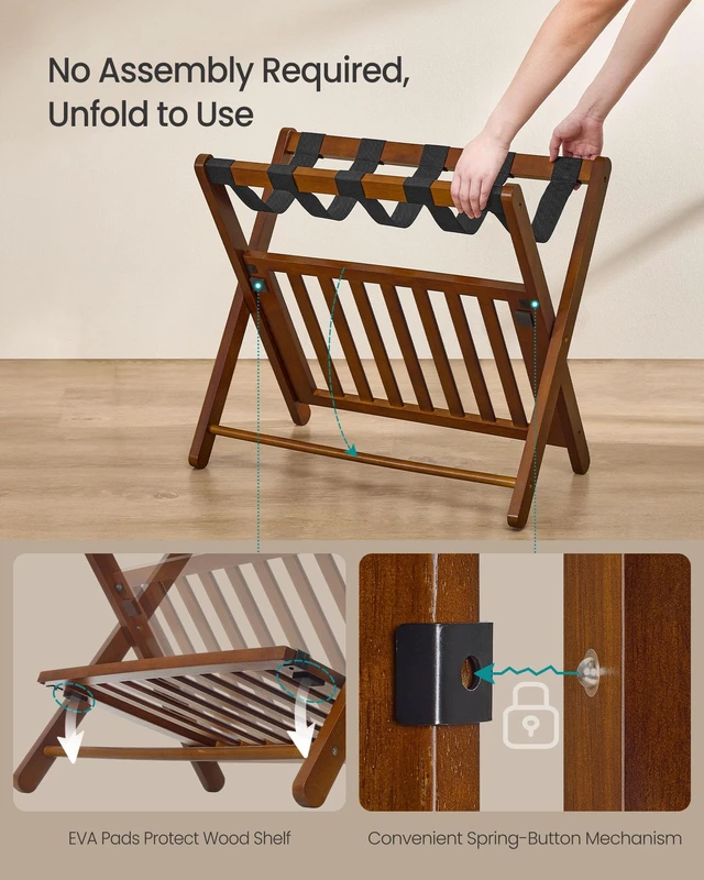 Alt view image 2 of 5 - Solid Wood Luggage Rack, No Assembly Required, with Storage Shelf | Set of 2, Foldable Suitcase Stand, Luggage Holder, for Guest Room, Hotel, Bedroom, Coffee Brown, URLR021K01