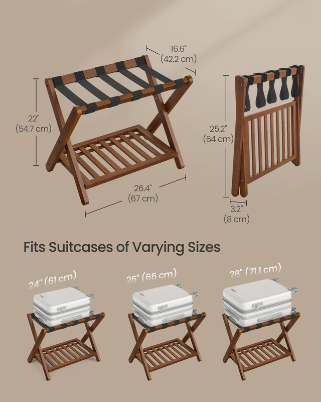 Alt view image 4 of 5 - Solid Wood Luggage Rack, No Assembly Required, with Storage Shelf | Set of 2, Foldable Suitcase Stand, Luggage Holder, for Guest Room, Hotel, Bedroom, Coffee Brown, URLR021K01