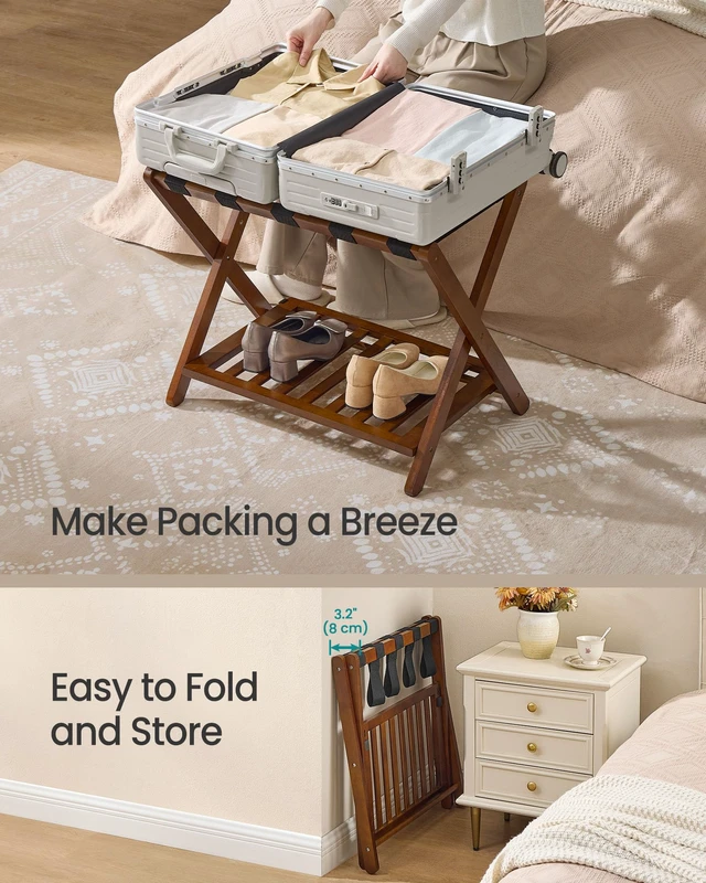 Alt view image 5 of 5 - Solid Wood Luggage Rack, No Assembly Required, with Storage Shelf | Set of 2, Foldable Suitcase Stand, Luggage Holder, for Guest Room, Hotel, Bedroom, Coffee Brown, URLR021K01