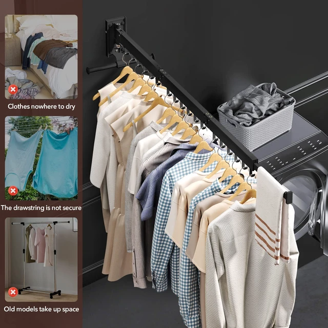 Alt view image 5 of 7 - Wall Mounted Clothes Hanger,Clothes Drying Rack,Laundry Drying Rack,Drying Rack Clothing,Laundry Hanger Rack,Retractable Dryer Racks,Collapsible, Aluminum,can be Fold Upward & Left & Right