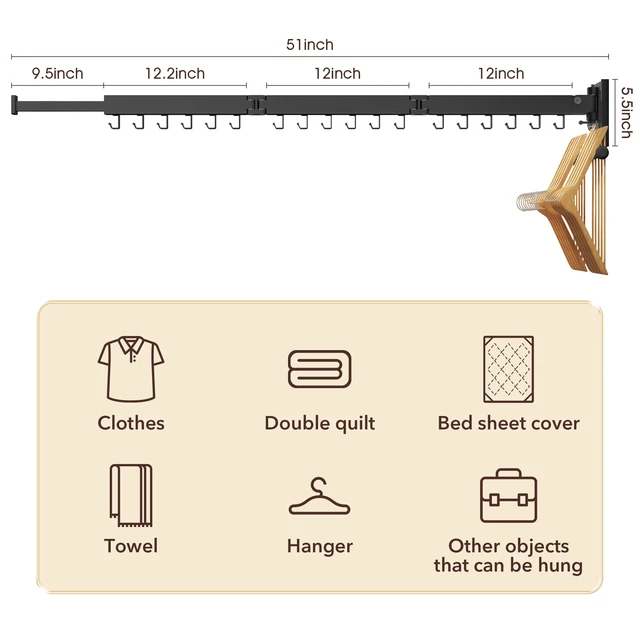 Alt view image 7 of 7 - Wall Mounted Clothes Hanger,Clothes Drying Rack,Laundry Drying Rack,Drying Rack Clothing,Laundry Hanger Rack,Retractable Dryer Racks,Collapsible, Aluminum,can be Fold Upward & Left & Right