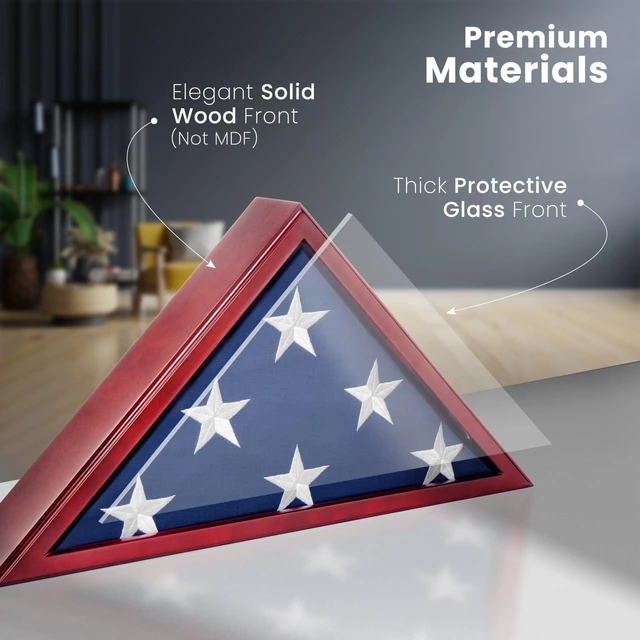 Alt view image 2 of 6 - Glass Front Flag Display Case for Burial Flag - Wall Mounted 9.5 X 5 Feet Flag Box for American Veteran Flag and Folded Flag Display - Ideal for Honoring Military Service (Mahogany)
