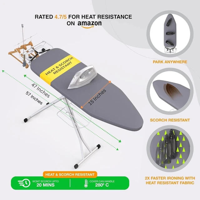 Alt view image 3 of 6 - Ironing Board 57" x 15" Foldable with Wall Hanger | Height adjustable 30" - 36", full-metal frame, scorch & heat-resistant cover, iron rest, anti-slip feet, Cord Holder