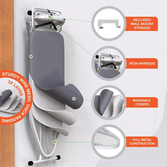 Alt view image 4 of 6 - Ironing Board 57" x 15" Foldable with Wall Hanger | Height adjustable 30" - 36", full-metal frame, scorch & heat-resistant cover, iron rest, anti-slip feet, Cord Holder