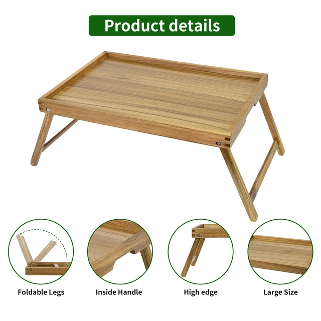 Alt view image 3 of 7 - Acacia Bed Tray Table with Folding Legs, Extra Large | Breakfast Tray with Handle for Eating, Laptop, Serving and Reading, Small Wooden Table for Picnic