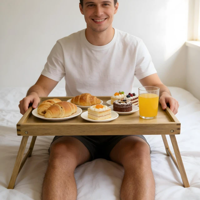 Alt view image 4 of 7 - Acacia Bed Tray Table with Folding Legs, Extra Large | Breakfast Tray with Handle for Eating, Laptop, Serving and Reading, Small Wooden Table for Picnic