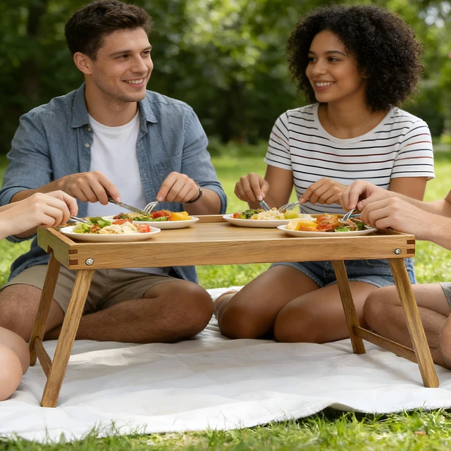 Alt view image 7 of 7 - Acacia Bed Tray Table with Folding Legs, Extra Large | Breakfast Tray with Handle for Eating, Laptop, Serving and Reading, Small Wooden Table for Picnic