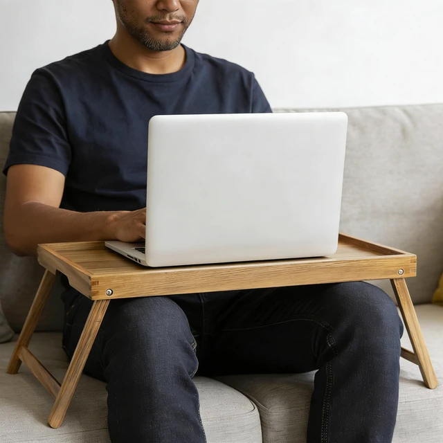 Alt view image 5 of 7 - Acacia Bed Tray Table with Folding Legs, Extra Large | Breakfast Tray with Handle for Eating, Laptop, Serving and Reading, Small Wooden Table for Picnic