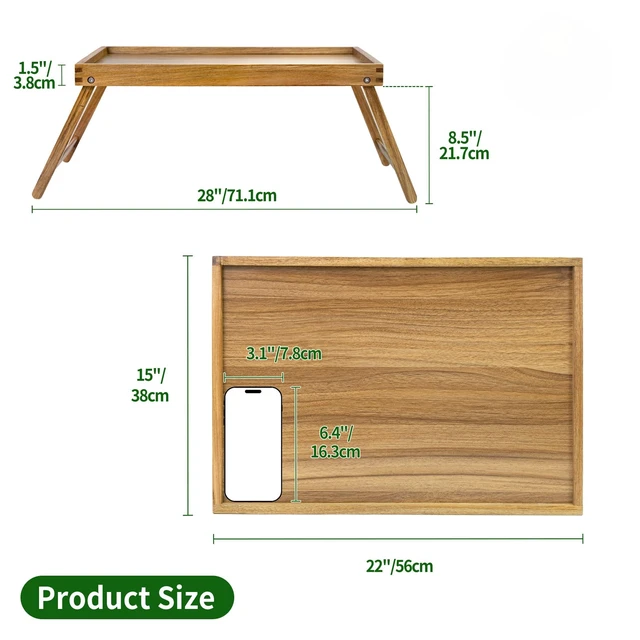 Alt view image 2 of 7 - Acacia Bed Tray Table with Folding Legs, Extra Large | Breakfast Tray with Handle for Eating, Laptop, Serving and Reading, Small Wooden Table for Picnic