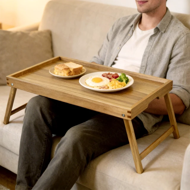 Alt view image 6 of 7 - Acacia Bed Tray Table with Folding Legs, Extra Large | Breakfast Tray with Handle for Eating, Laptop, Serving and Reading, Small Wooden Table for Picnic
