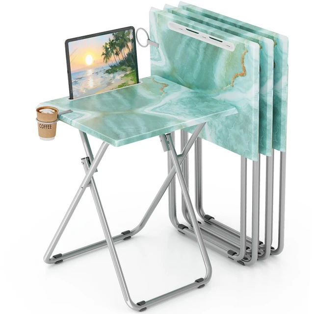 Main image of TV Trays Table Set of 4 Portable Folding TV Tray Table TV Dinner Tray with Sturdy MDF, Small Folding Tables with Phone & Tablet Slot, No Assembly Required, 15 x 18.9 x 25.6 in (Sea Blue Marble, 4Pcs)