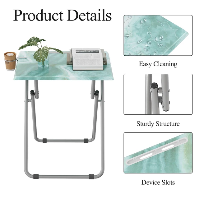 Alt view image 3 of 7 - TV Trays Table Set of 4 Portable Folding TV Tray Table TV Dinner Tray with Sturdy MDF, Small Folding Tables with Phone & Tablet Slot, No Assembly Required, 15 x 18.9 x 25.6 in (Sea Blue Marble, 4Pcs)