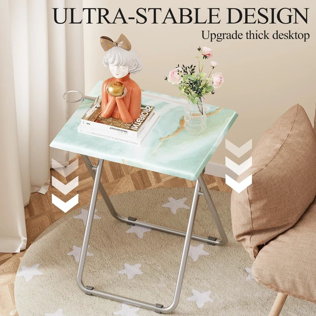 Alt view image 4 of 7 - TV Trays Table Set of 4 Portable Folding TV Tray Table TV Dinner Tray with Sturdy MDF, Small Folding Tables with Phone & Tablet Slot, No Assembly Required, 15 x 18.9 x 25.6 in (Sea Blue Marble, 4Pcs)