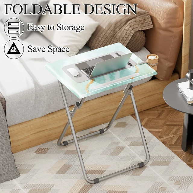 Alt view image 5 of 7 - TV Trays Table Set of 4 Portable Folding TV Tray Table TV Dinner Tray with Sturdy MDF, Small Folding Tables with Phone & Tablet Slot, No Assembly Required, 15 x 18.9 x 25.6 in (Sea Blue Marble, 4Pcs)