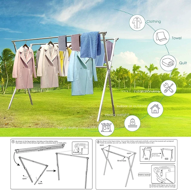 Alt view image 2 of 7 - Drying Racks Clothing for Outdoor with 20 Windproof Hooks | Stainless steel Sturdy Lightweight Frame Foldable Portable Design for Indoor and Outdoor Sun Drying of Garments 81.55In