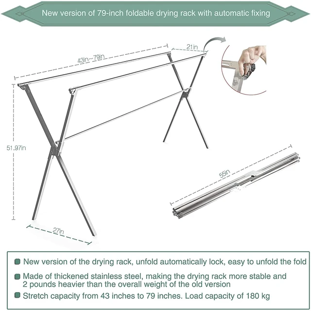 Alt view image 3 of 7 - Drying Racks Clothing for Outdoor with 20 Windproof Hooks | Stainless steel Sturdy Lightweight Frame Foldable Portable Design for Indoor and Outdoor Sun Drying of Garments 81.55In