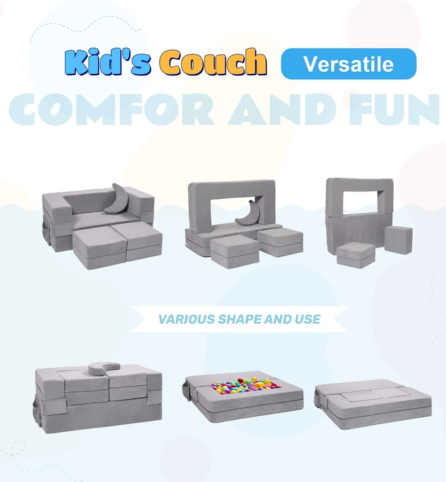 Alt view image 3 of 6 - Modular Kids Sofa,Toddler Couch Foam Armchair for Kids, Children Convertible Plush Sofa Play Set,Fold Out SofaBed(Grey)