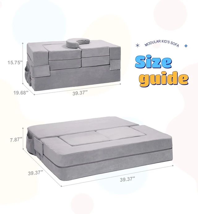 Alt view image 2 of 6 - Modular Kids Sofa,Toddler Couch Foam Armchair for Kids, Children Convertible Plush Sofa Play Set,Fold Out SofaBed(Grey)