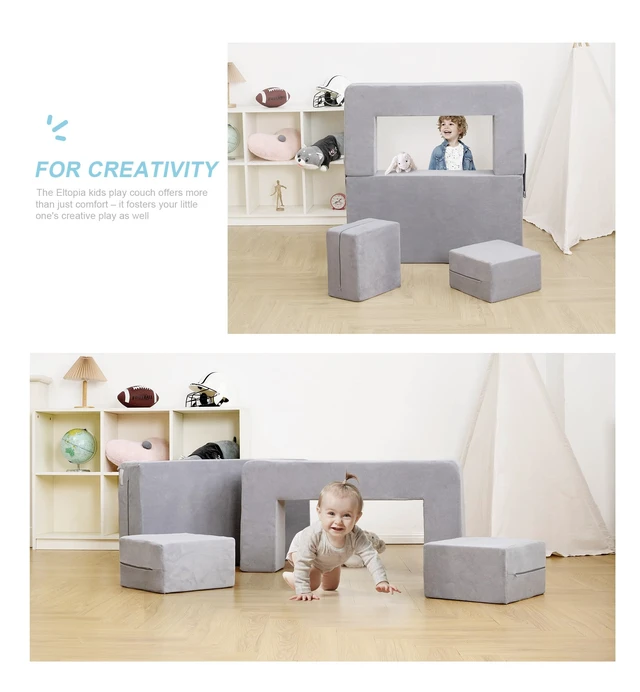 Alt view image 5 of 6 - Modular Kids Sofa,Toddler Couch Foam Armchair for Kids, Children Convertible Plush Sofa Play Set,Fold Out SofaBed(Grey)