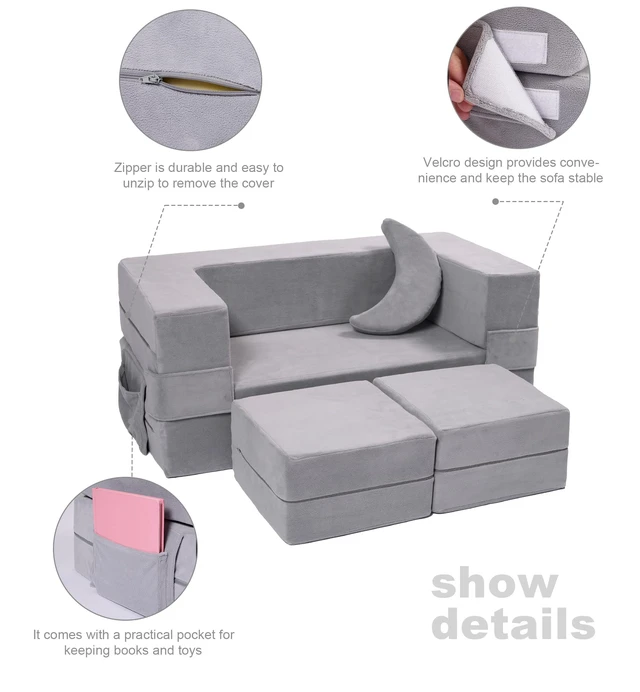 Alt view image 6 of 6 - Modular Kids Sofa,Toddler Couch Foam Armchair for Kids, Children Convertible Plush Sofa Play Set,Fold Out SofaBed(Grey)