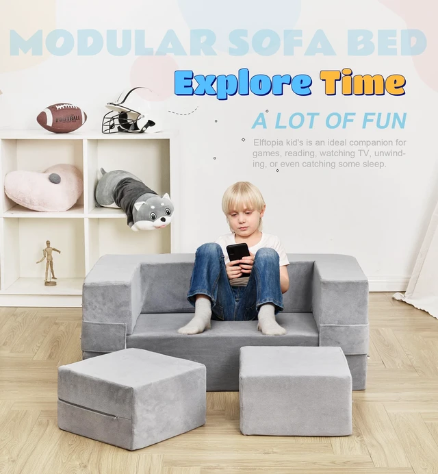 Alt view image 4 of 6 - Modular Kids Sofa,Toddler Couch Foam Armchair for Kids, Children Convertible Plush Sofa Play Set,Fold Out SofaBed(Grey)