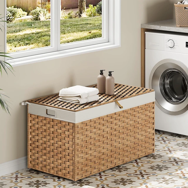 Alt view image 2 of 7 - Storage Basket with Lid, 42.3 Gallon (160L) Wicker Basket, Handwoven Blanket Storage Basket with Handles, Metal Frame and Soft Lining, Foldable for Bedroom, Laundry Room, Natural NL216CW01