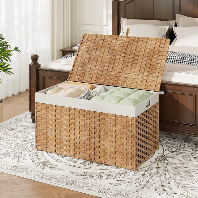 Alt view image 3 of 7 - Storage Basket with Lid, 42.3 Gallon (160L) Wicker Basket, Handwoven Blanket Storage Basket with Handles, Metal Frame and Soft Lining, Foldable for Bedroom, Laundry Room, Natural NL216CW01