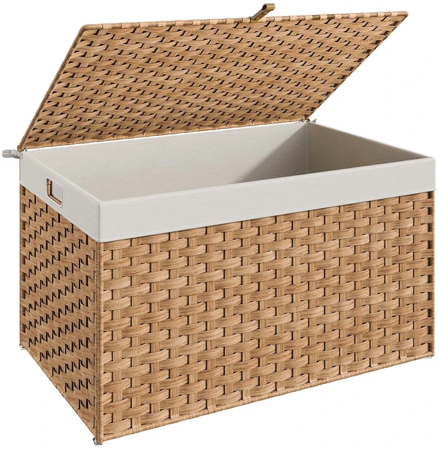 Main image of Storage Basket with Lid, 42.3 Gallon (160L) Wicker Basket, Handwoven Blanket Storage Basket with Handles, Metal Frame and Soft Lining, Foldable for Bedroom, Laundry Room, Natural NL216CW01