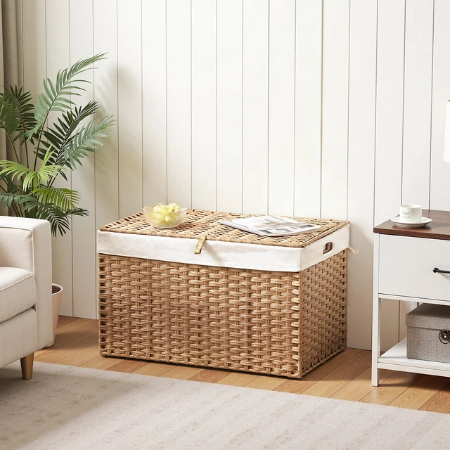 Alt view image 4 of 7 - Storage Basket with Lid, 42.3 Gallon (160L) Wicker Basket, Handwoven Blanket Storage Basket with Handles, Metal Frame and Soft Lining, Foldable for Bedroom, Laundry Room, Natural NL216CW01