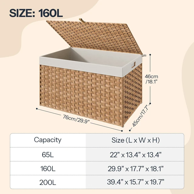 Alt view image 5 of 7 - Storage Basket with Lid, 42.3 Gallon (160L) Wicker Basket, Handwoven Blanket Storage Basket with Handles, Metal Frame and Soft Lining, Foldable for Bedroom, Laundry Room, Natural NL216CW01