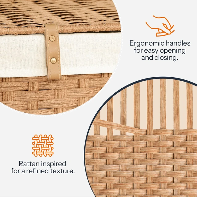 Alt view image 6 of 7 - Storage Basket with Lid, 42.3 Gallon (160L) Wicker Basket, Handwoven Blanket Storage Basket with Handles, Metal Frame and Soft Lining, Foldable for Bedroom, Laundry Room, Natural NL216CW01