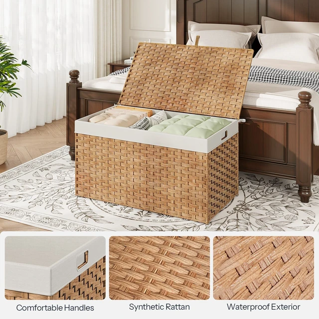 Alt view image 7 of 7 - Storage Basket with Lid, 42.3 Gallon (160L) Wicker Basket, Handwoven Blanket Storage Basket with Handles, Metal Frame and Soft Lining, Foldable for Bedroom, Laundry Room, Natural NL216CW01
