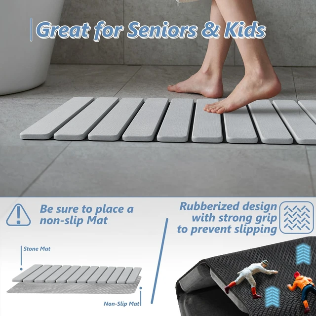 Alt view image 3 of 7 - Foldable Stone Bath Mat, Diatomaceous, 31.5"x15.7", Light Grey | Quick-dry surface, super absorbent, easy-clean finish, non-slip mat included, and compact storage for small bathrooms