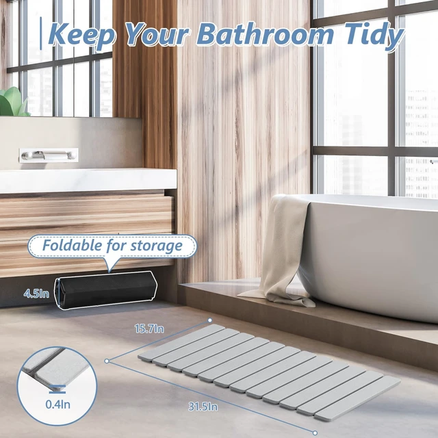 Alt view image 6 of 7 - Foldable Stone Bath Mat, Diatomaceous, 31.5"x15.7", Light Grey | Quick-dry surface, super absorbent, easy-clean finish, non-slip mat included, and compact storage for small bathrooms